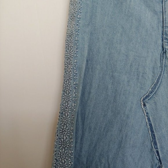 Reba Maxi denim skirt embroidery & contrasting fabric patch pockets size 12 zip - Picture 5 of 16